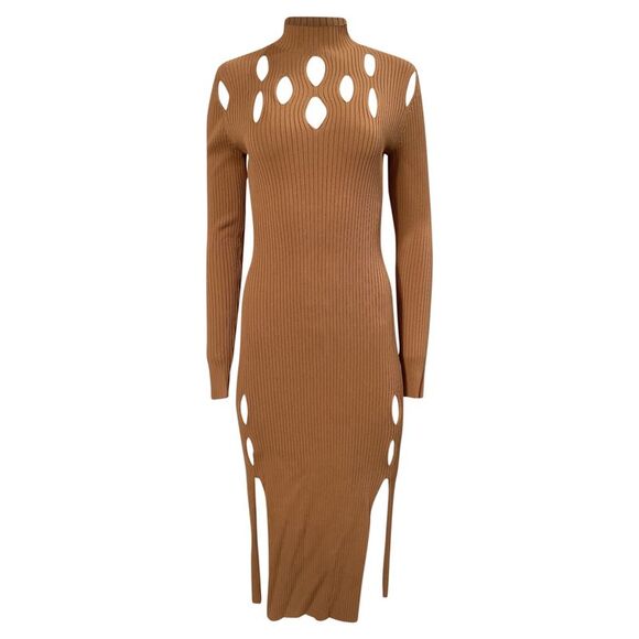 Dion Lee Ribbed-Knit Cutout Midi Dress in Brown Viscose